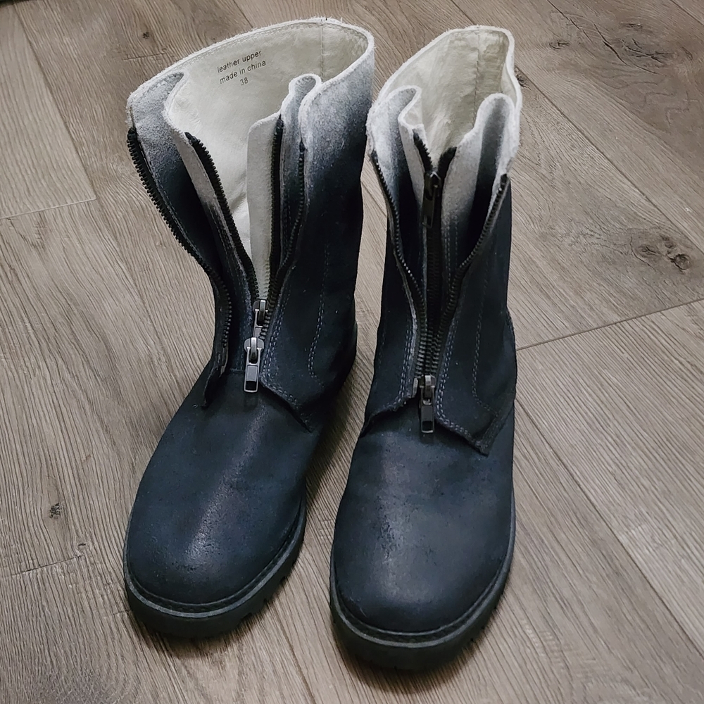 Two Tone Dyed Distressed Nubuck Leather Front Zip Combat Boots Lug Sole